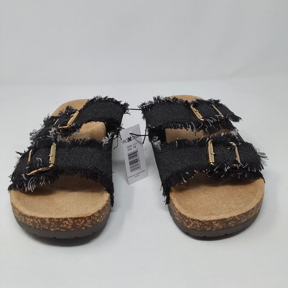 ROXONI Women's Double Buckle Slide Sandals Black Frayed Denim Size 10 NWT